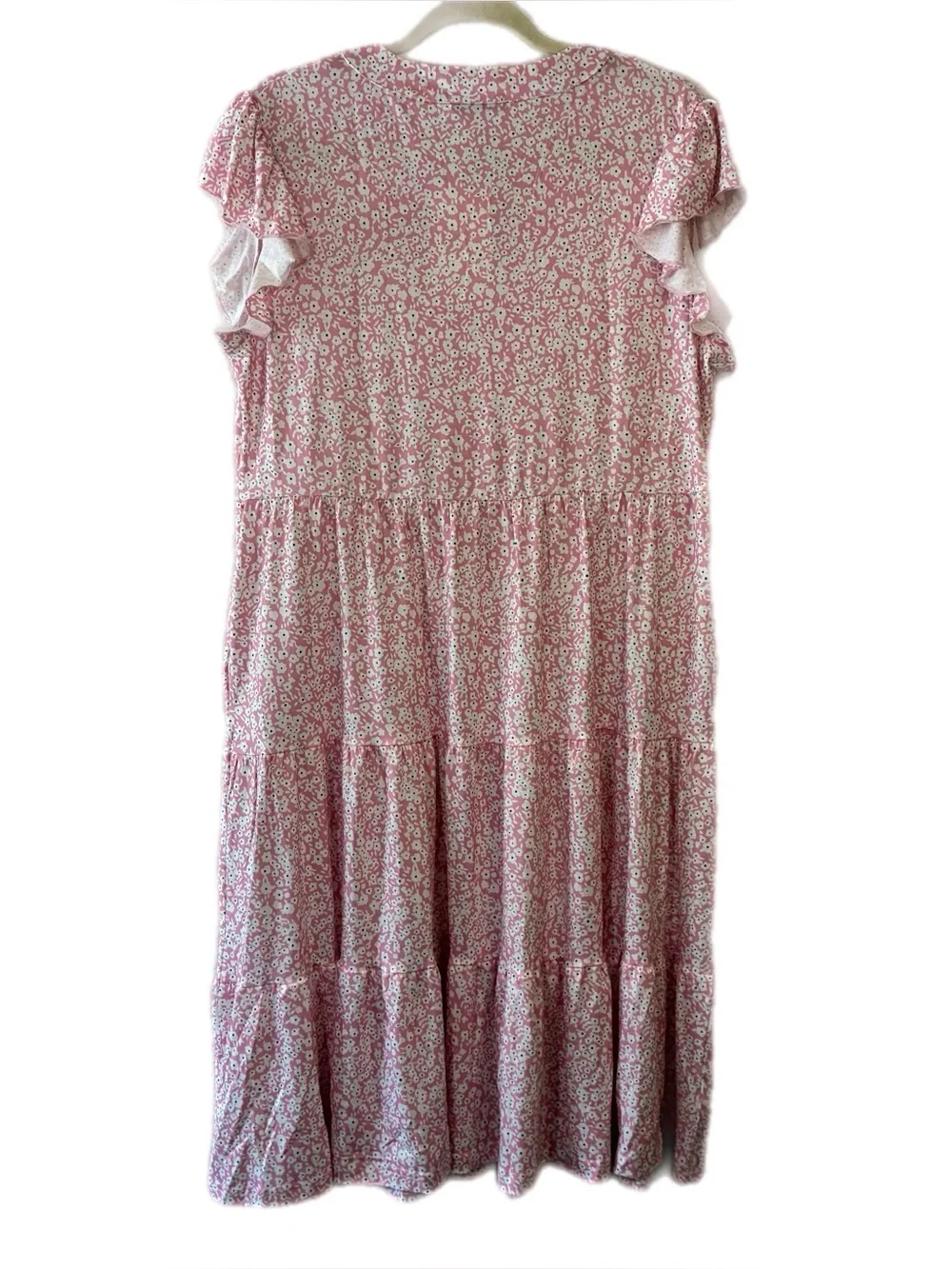 UVN RUFFLE SLEEVE V NECK MIDI PINK FLORAL DRESS, LARGE